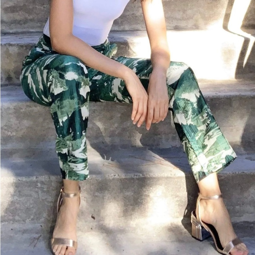 Anthropologie Green Patterned Straight Leg Pants - Picture 3 of 6